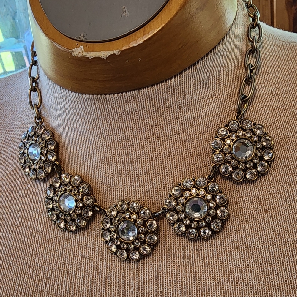 J Crew Gold Tone Rhinestone Statement necklace Flower 18" 3" Extender